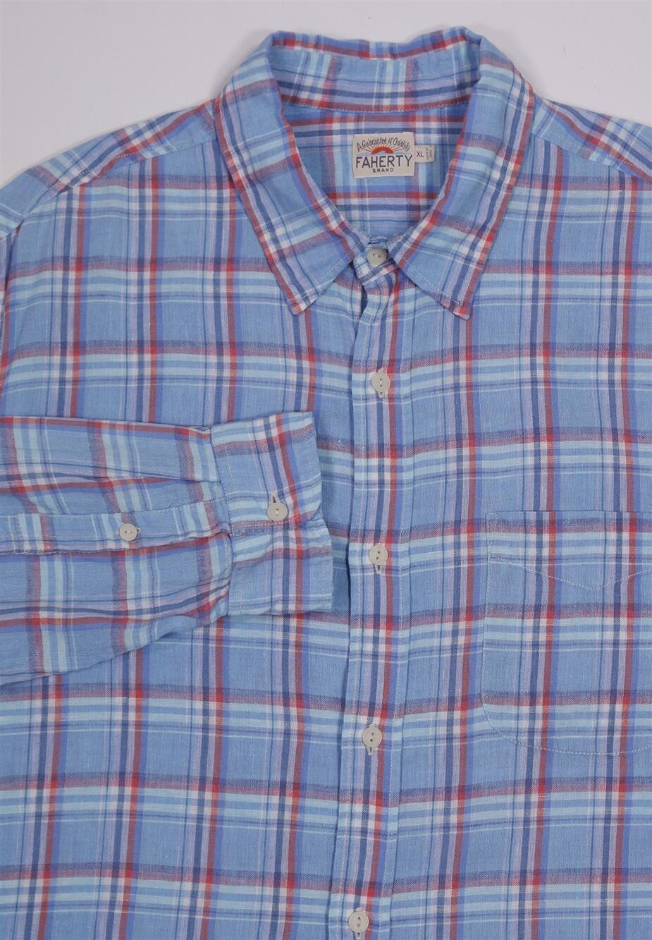 Faherty Blue Red Plaid Linen Button-Up Shirt XL